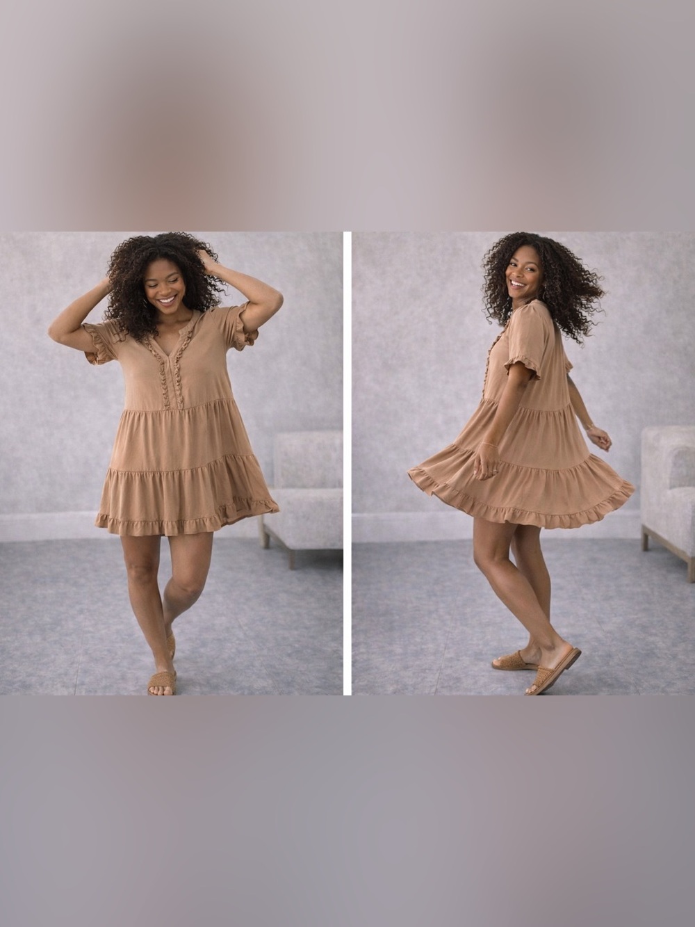 Ruffle Tiered Swing Dress in Camel
